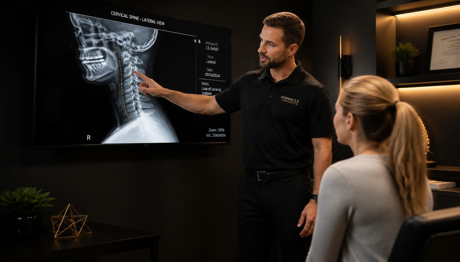 Doctor reviewing digital X-rays with a patient during the first visit